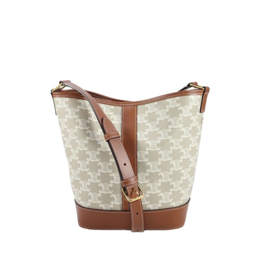 Celine Womens Calfskin Triomphe Canvas Monogram Small Bucket Bag Beige
